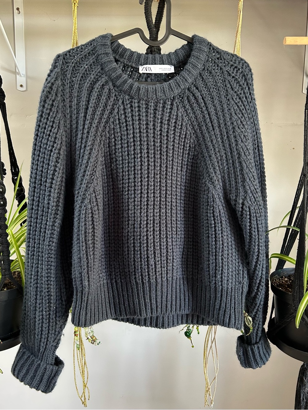 Zara Dark Charcoal Crewneck Chunky Knit Sweater